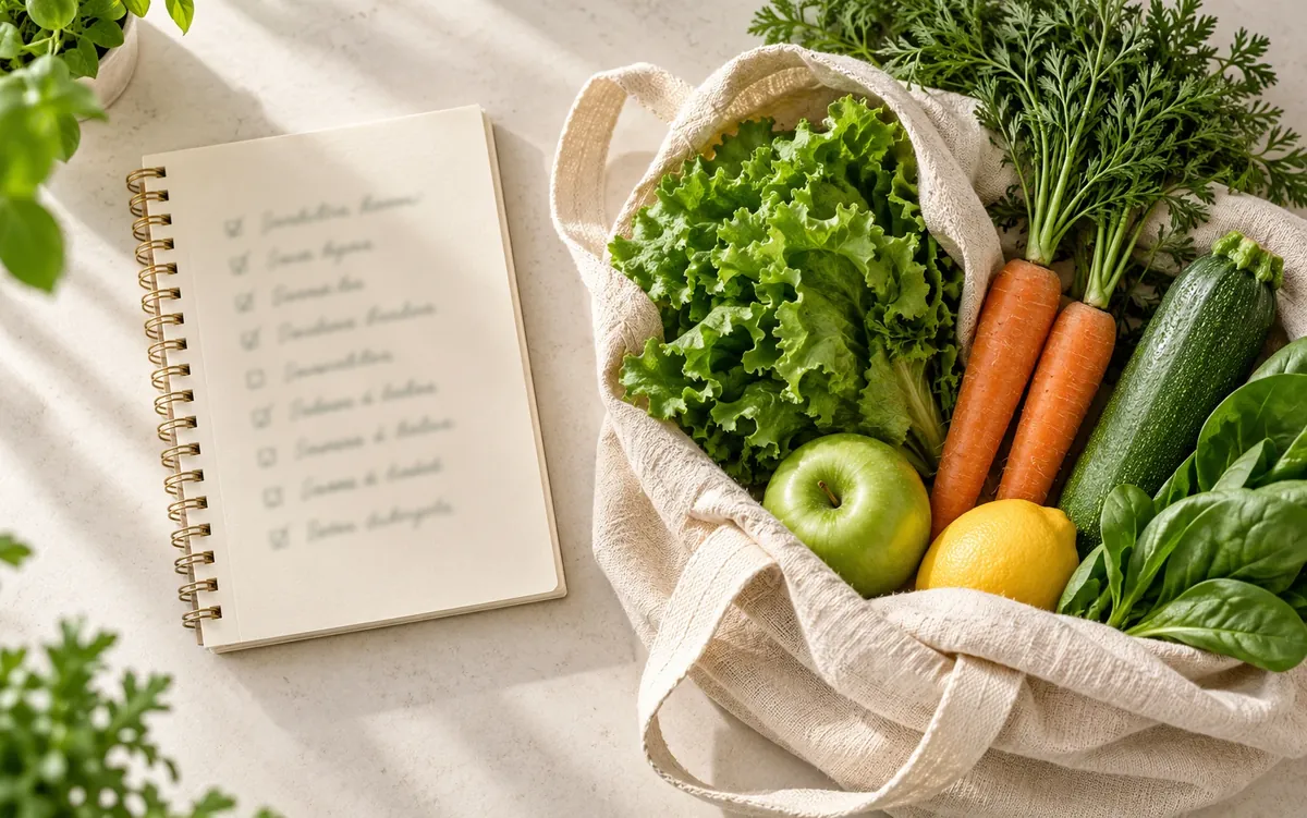 Lista de compras e sacola com alimentos