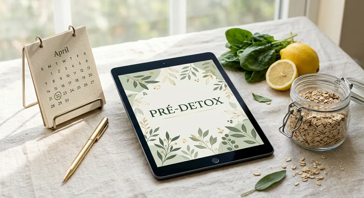 Tablet com o material pré-detox ao lado de um calendário