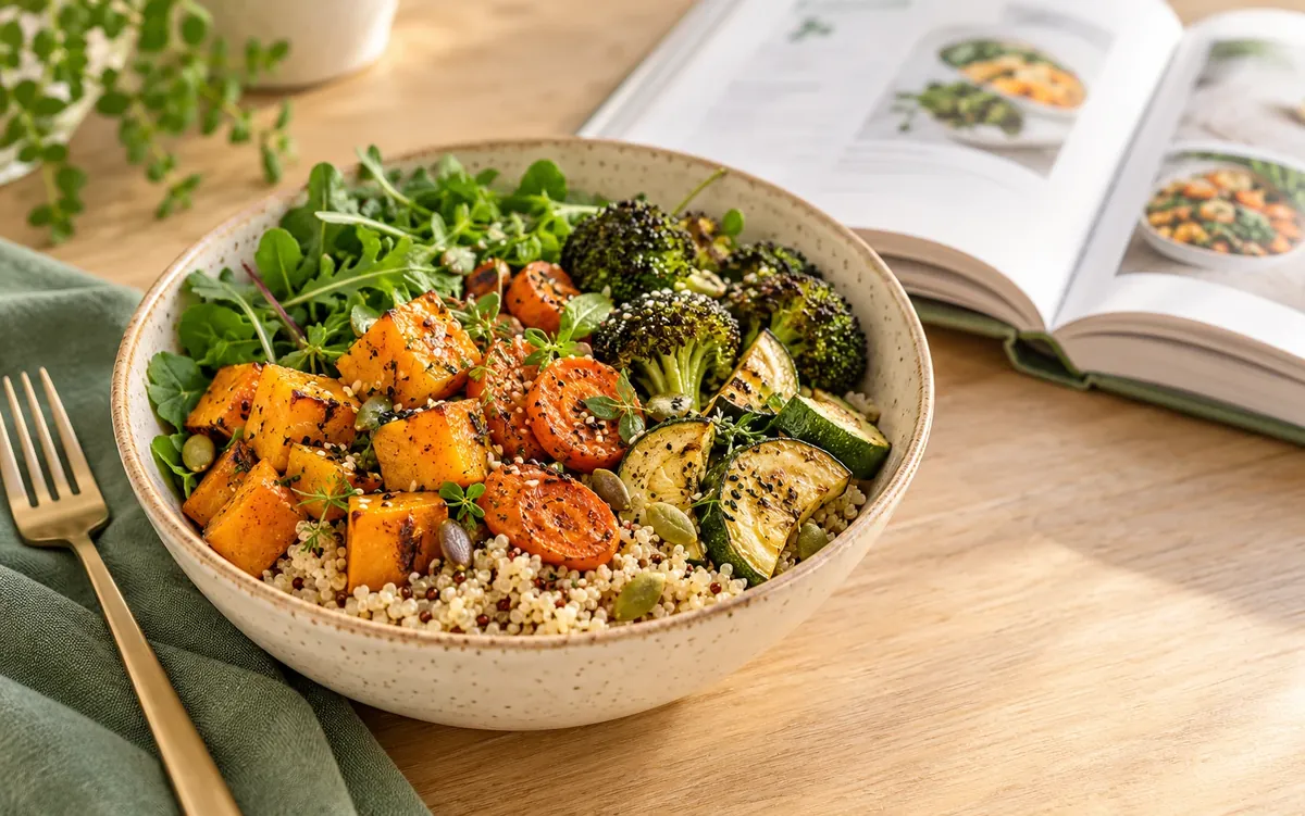 Prato saudável ao lado de um livro de receitas