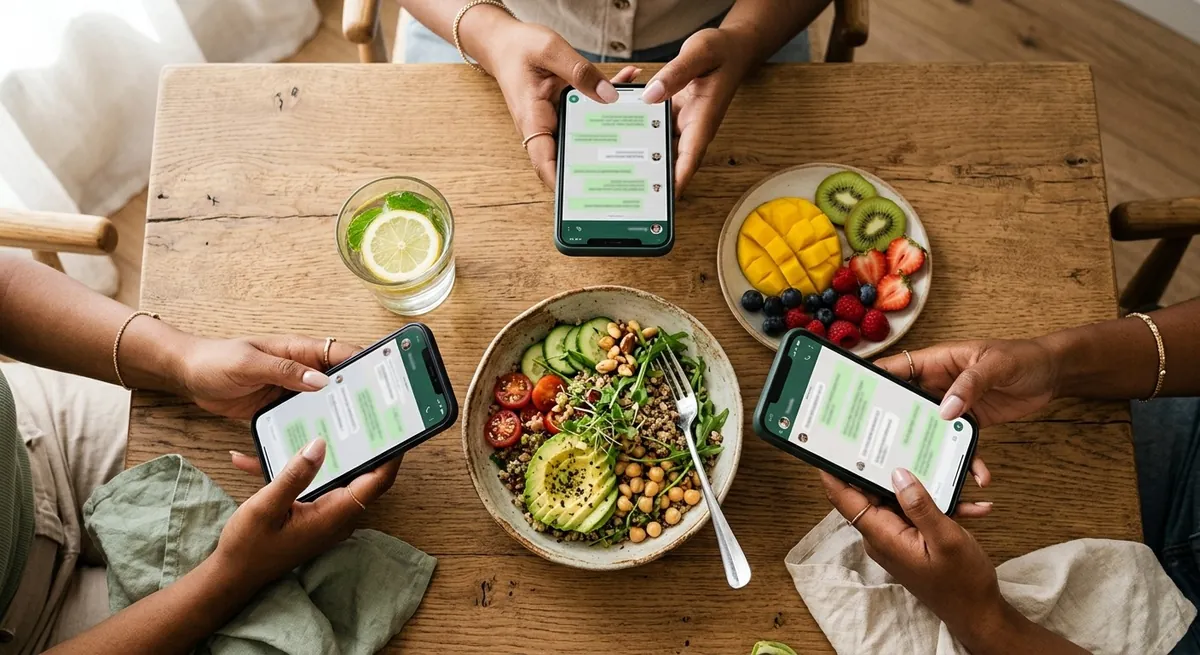 Participantes conversando pelo celular em volta de uma mesa com refeições