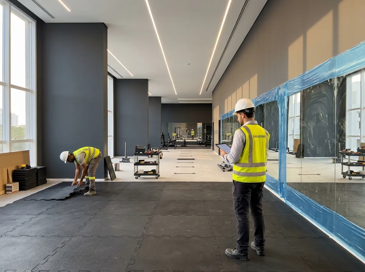 Academia em fase final de obra com engenheiro revisando o projeto no tablet