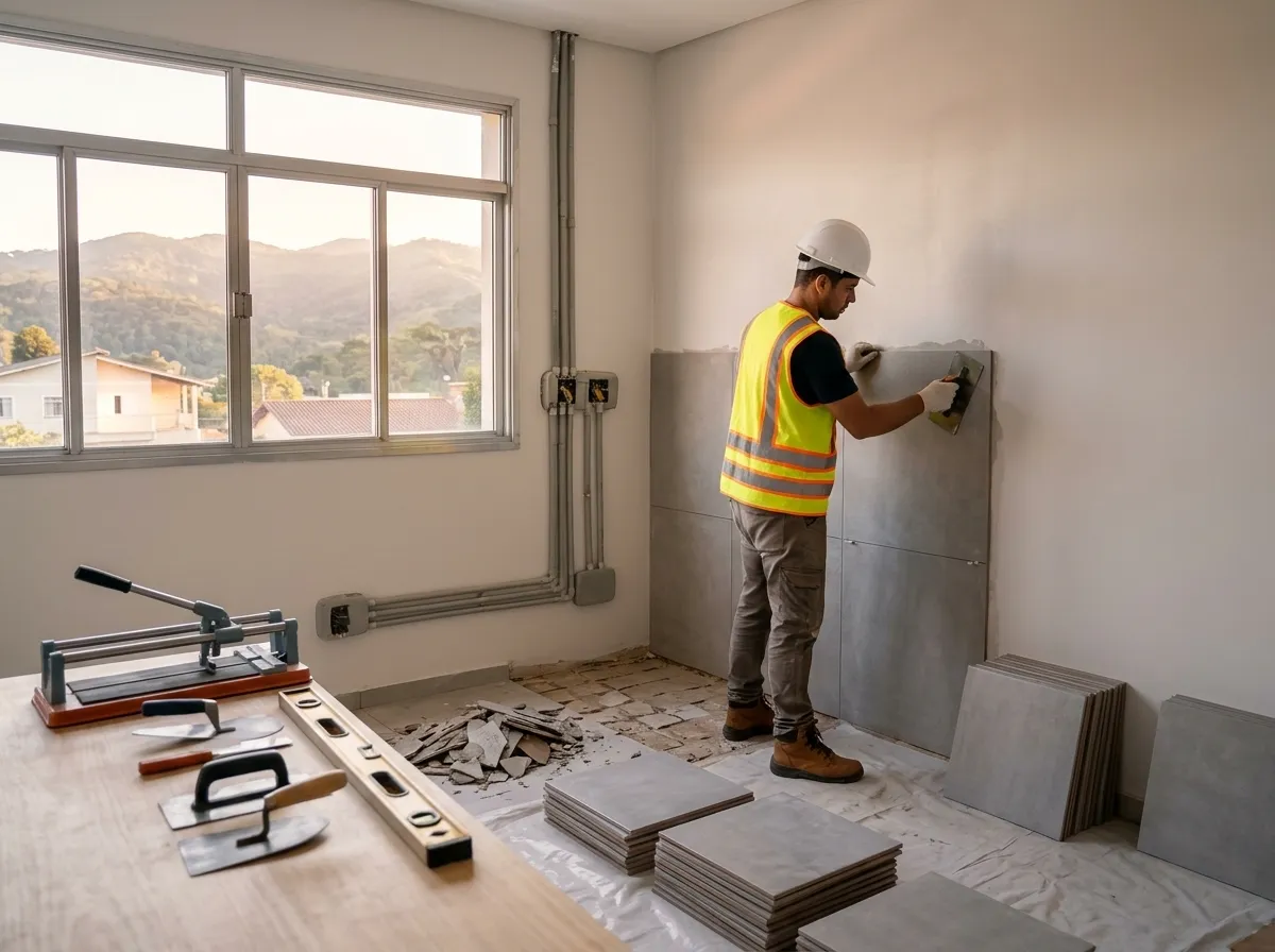 Profissional aplicando revestimento em parede durante reforma completa