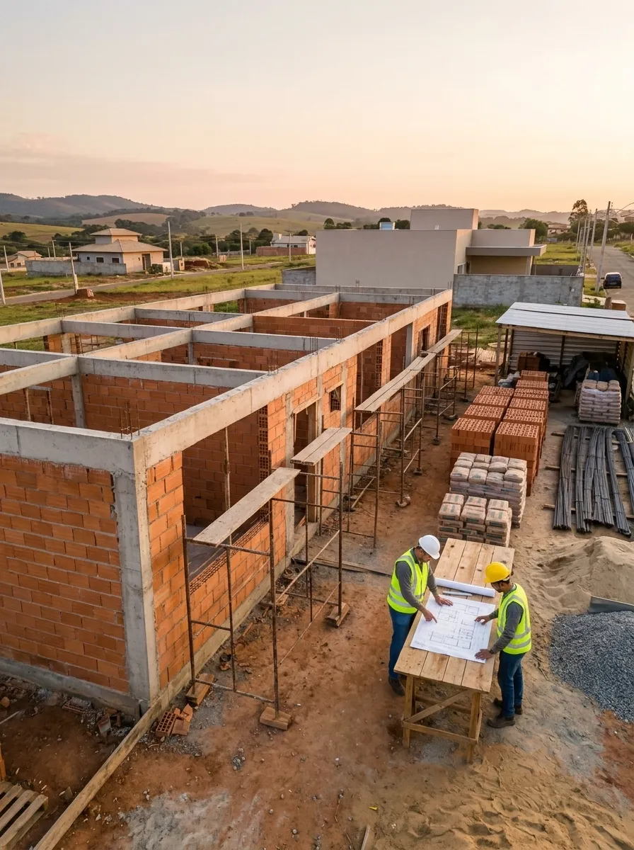 Obra residencial em alvenaria com dois profissionais conferindo a planta no canteiro