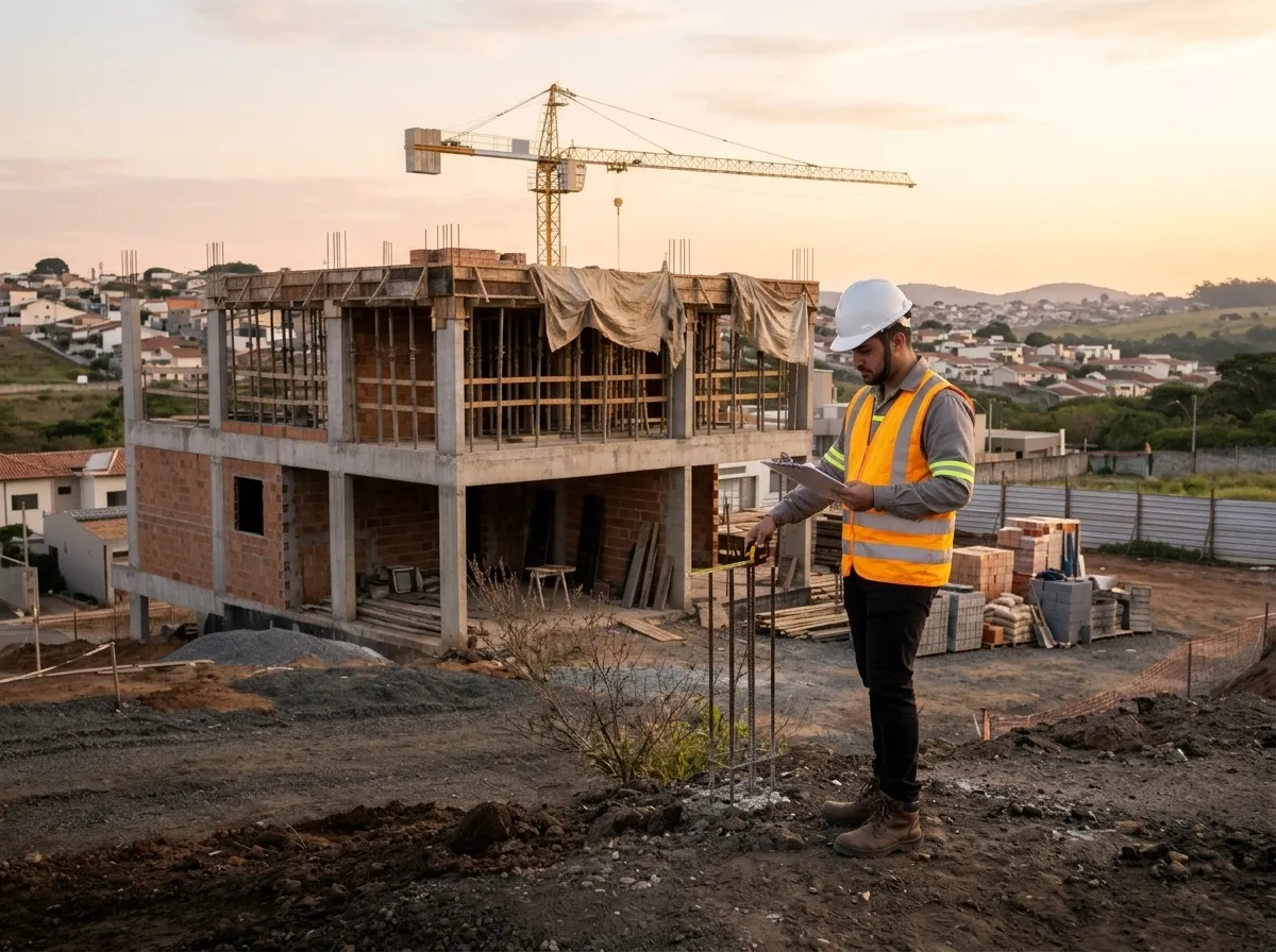 Engenheiro vistoriando estrutura de obra parada antes da retomada